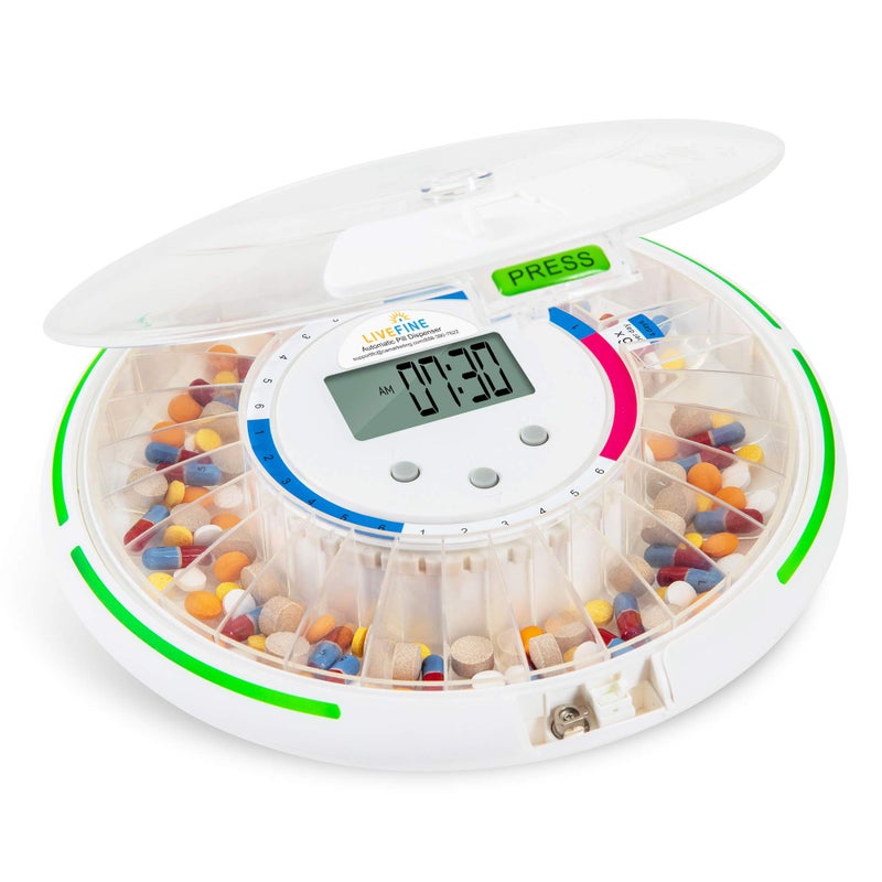 Live Fine Automatic Pill Dispenser with 28Day Electronic Medication Organizer 6 Dosage Templates EasyRead LCD Display Sound Light Alerts Key for Prescriptions Vitamins Supplements More